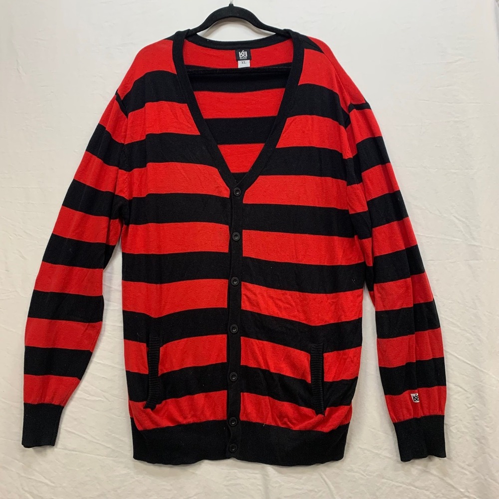 Striped Red & Black V-Neck Cardigan Sweater
